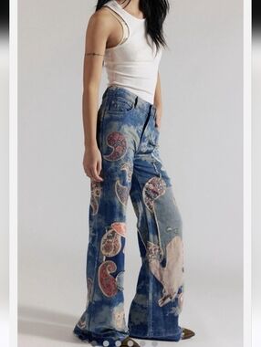 Free People Flying High Patched Jeans We The Free Embroidered Free Birds 28 NWT